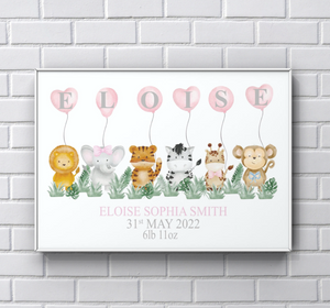 Wall Art for nursery - Newborn safari personalised girl print gift