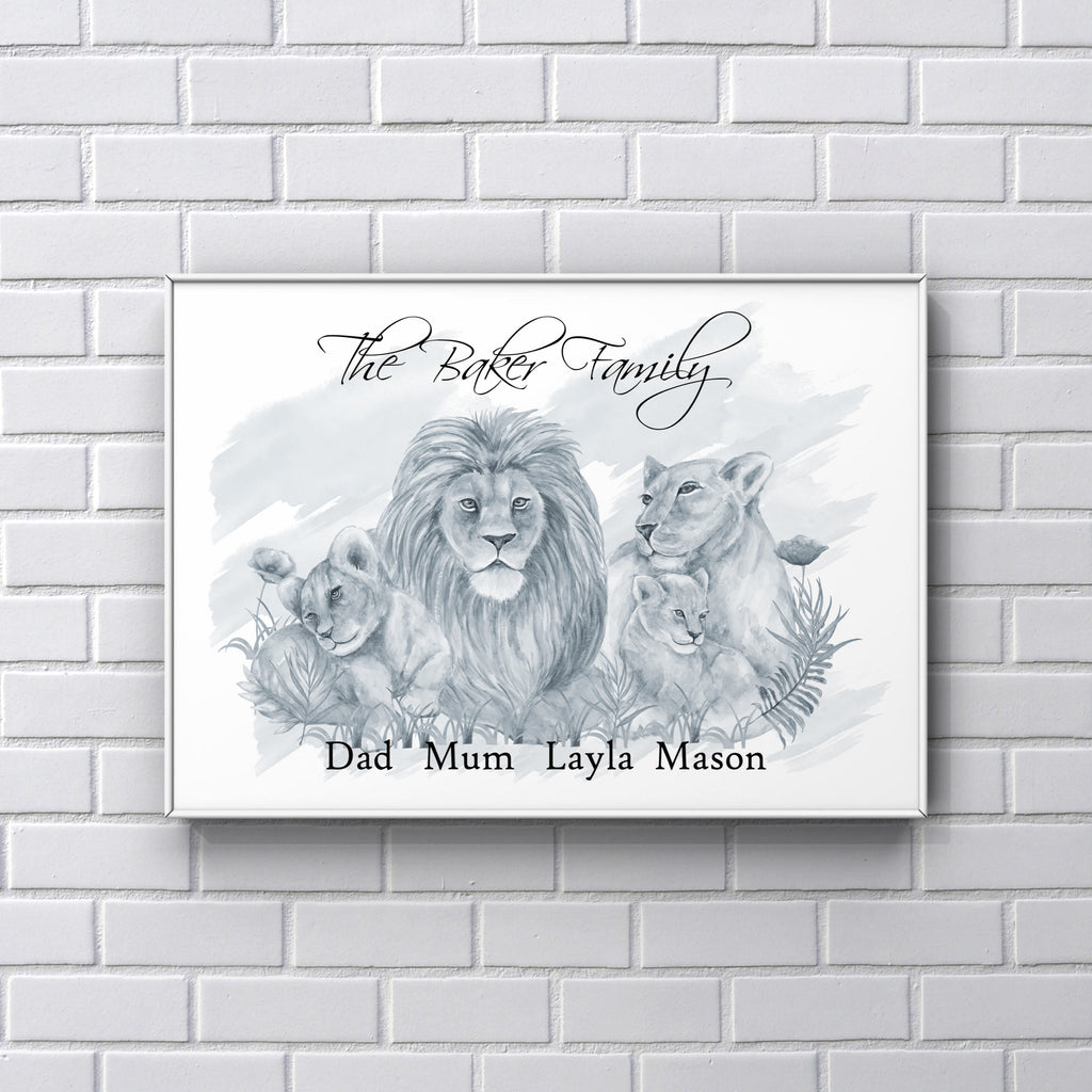 Lion personalised Family Print b&w A4 UNFRAMED