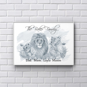 Lion personalised Family Print b&w A4 UNFRAMED