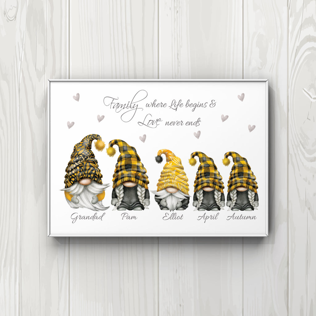 Yellow & Grey Gonk personalised A4 Family Print UNFRAMED