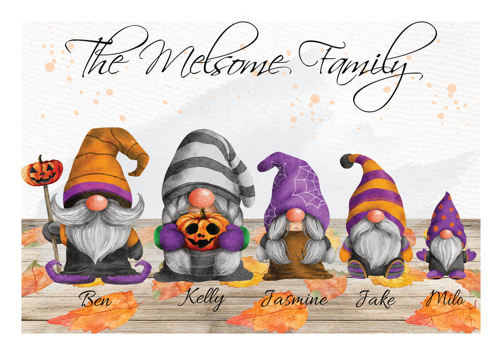 Personalised Halloween Gnome Family print A4 UNFRAMED