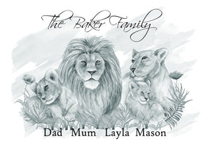 Lion personalised Family Print b&w A4 UNFRAMED