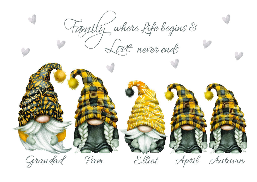 Yellow & Grey Gonk personalised A4 Family Print UNFRAMED