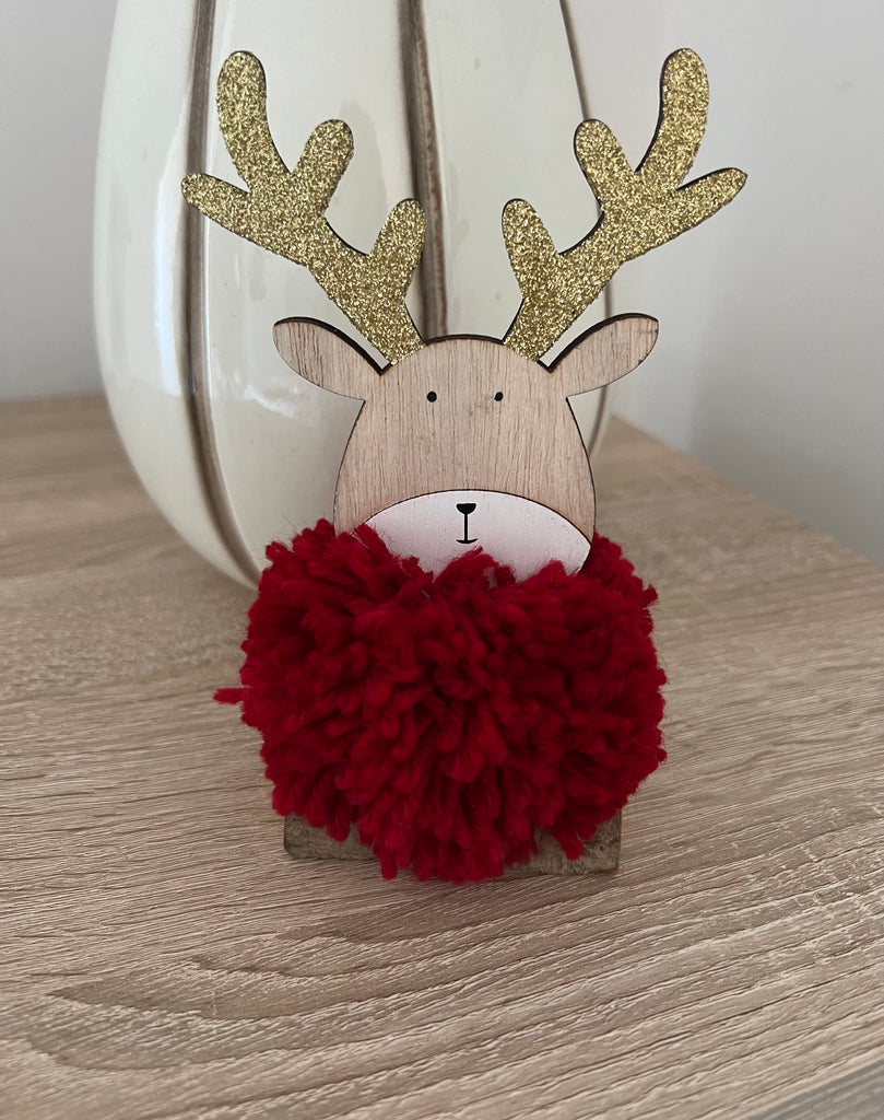 Heidi the Wooden Reindeer in red woolly scarf