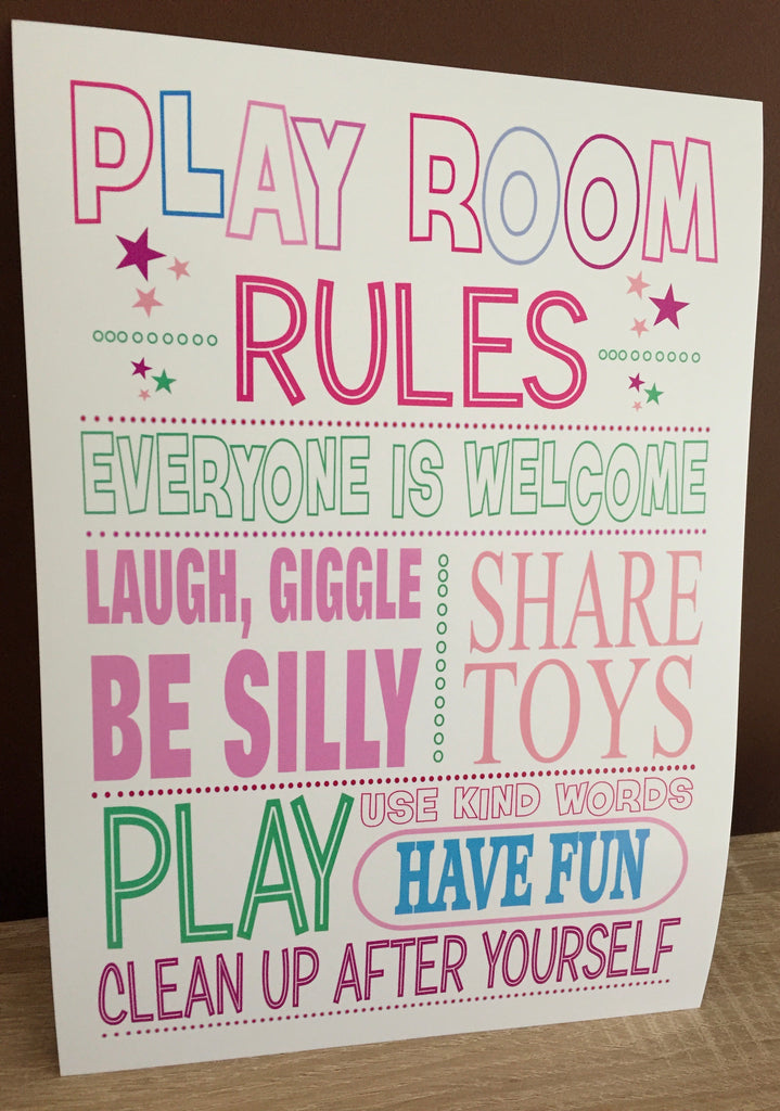 A4 print (unmounted/unframed) Play room rules pink