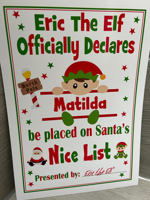 A4 Elf nice list certificate A4 UNFRAMED