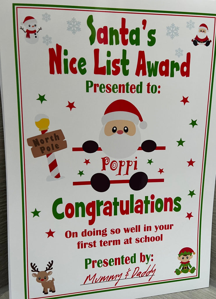 A4 Santa nice list certificate A4 UNFRAMED