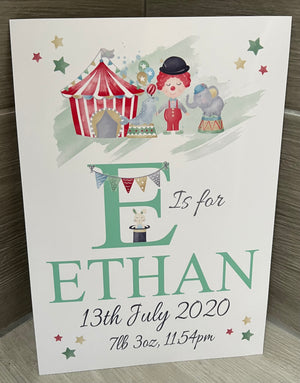 Personalised Circus Name A4 Newborn PRINT UNFRAMED